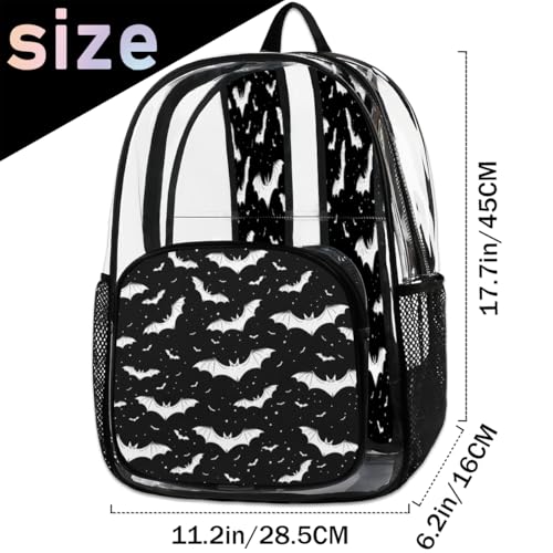 Spooky Halloween Clear Backpack for Stadium Events, Black and White Bats Waterproof Clear Bag for Women Men Adult Sport Work Daily Music Festival and Concerts2