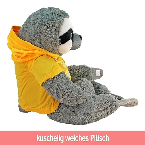 BEMIRO Faultier Kuscheltier XXL gelb Keep Smiling - 100 cm, Faultier Kuscheltier mit Pulli, Kletthände zum anhängen, Plüschtier mit Hoodie