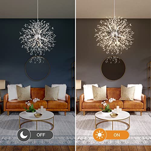 Hoeuns Modern Crystal Chandeliers For Dining Room, 9-Light Dandelion Firework Chandeliers Pendant Lights Fixture, Semi Flush Mount Chandeliers For Living Room, Bedroom, Hallway- G9 Sockets #TOP3