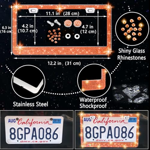 Image of NBTEPEM 27 PCs Orange Bling Car Accessories Set for Women, Steering Wheel Covers Universal Fit 15 Inch, Bling License Plate Frame, Bling Phone Holder, Bling Car Coasters (Orange Diamond)