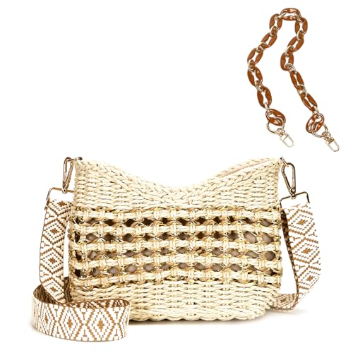 Herald Bolso bandolera pequeño de paja hecho a mano para mujer, bolso de verano tejido con cadena