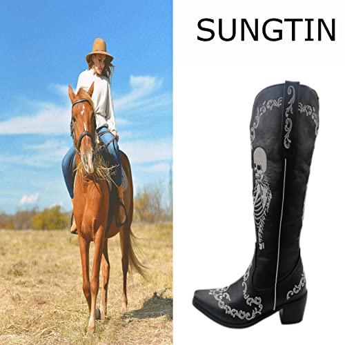 Sungtin Skull Embroidery Cowboy Boots for Women, Vintage Point Toes Chunky Heels Pull On Western Mid Calf Boots4