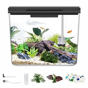 Small Fish Tank, 1.8-Gallon Aquarium Kit with Self-Cleaning System & 18 LED Lights, Lightweight & Shatter-Resistant Betta Fish Tank. (Black)