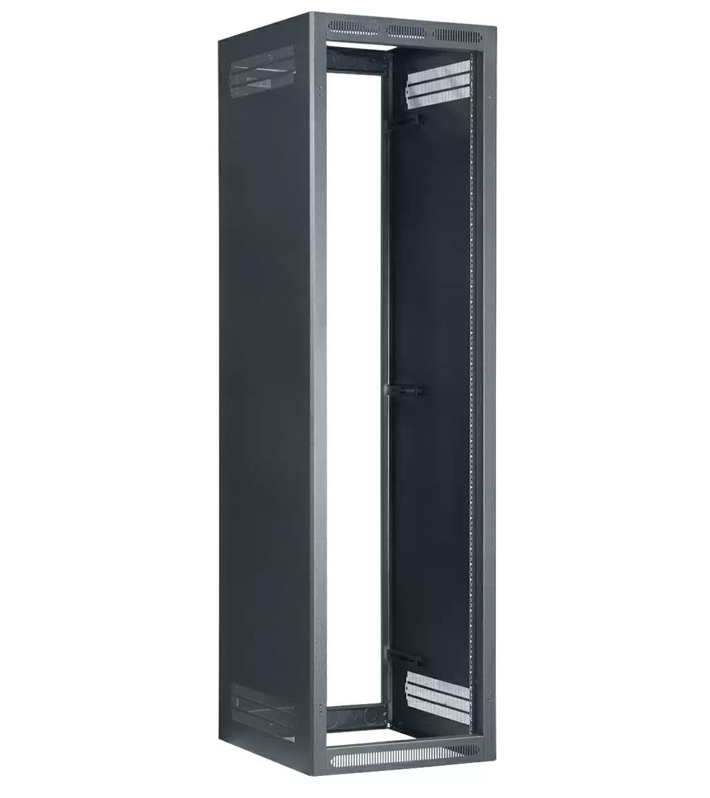Lowell LFR-4427-LRD LFR Series 44U X 27 Inches D Fixed Rail AV Rack Without Rear Door, Black; Welded Sides with Vents; Open Front (Optional Door); Threaded Inserts (for Optional Leg Levelers)