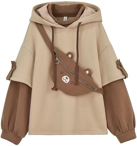 EMILYLE Womens Girls Brown Bear Hoodie Long Sleeve Sweatshirts Cute Pattern Print Kawaii Patchwork Shirts - Small - Brown-1