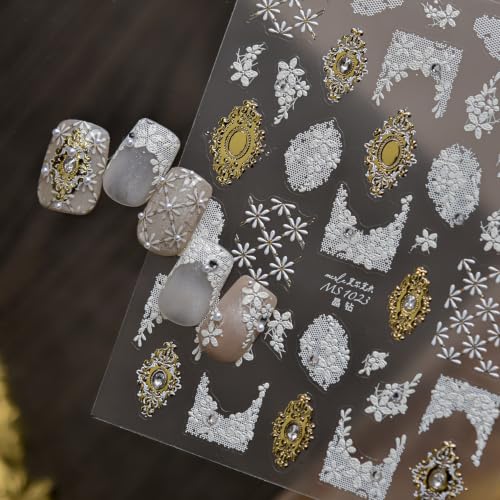 Image of White Lace Nail Stickers Decals Carved Nail Decals Flower Nail Art Stickers | 5D Embossed Self Adhesive Gold Frame Floral Rhinestone Design Nail Decals for Women Manicure Decor Accessories Supply 1 Sheet
