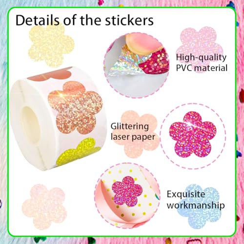 Image of 500Pcs Spring Vinyl Floral Stickers Roll 1in Glitter Stickers 8 Colors Flower Label Tag Self-Adhesive Classroom Reward Waterproof Decals for Envelope Bottle Birthday Party Decor