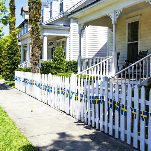 Image of AhfuLife 30 Pcs Sweden String Flags for National Day Decorations, Small Swedish Flag Bunting Banner - Double Sided for Midsummer Festival Party Decorations (5.5x8.3 Inch-33 Ft)