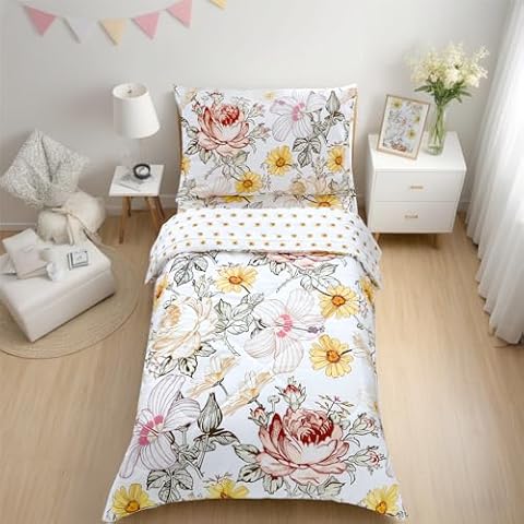 HNHUAMING Toddler Bedding Set for Girls, 4 Piece Toddler Comforter Bed Sets, Ultra Soft Breathable Boho Kids Bed Set with Flat Top Sheet, Quilted Comforter, Fitted Sheet and Pillowcases, Floral Cover