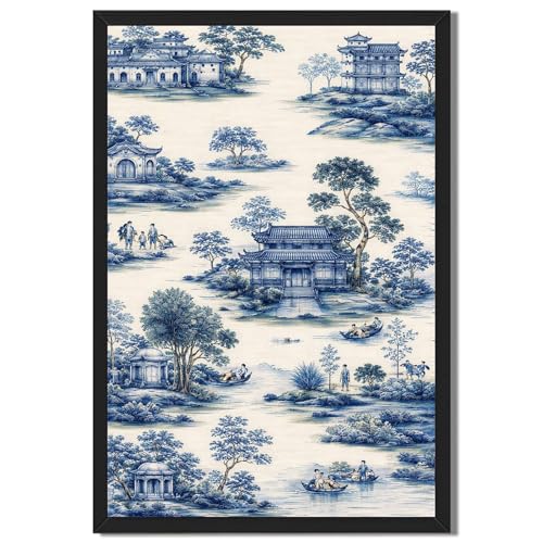 Vintage Chinese Landscape Canvas Wall Art, Blue and White Oriental