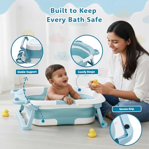 Image of Amazon Brand - Supples Baby Bath Tub for 0-3 Years | Double Foldable Bathtub for Baby & Kids with Soap Tray, Space Saving Design (White & Teal Blue)