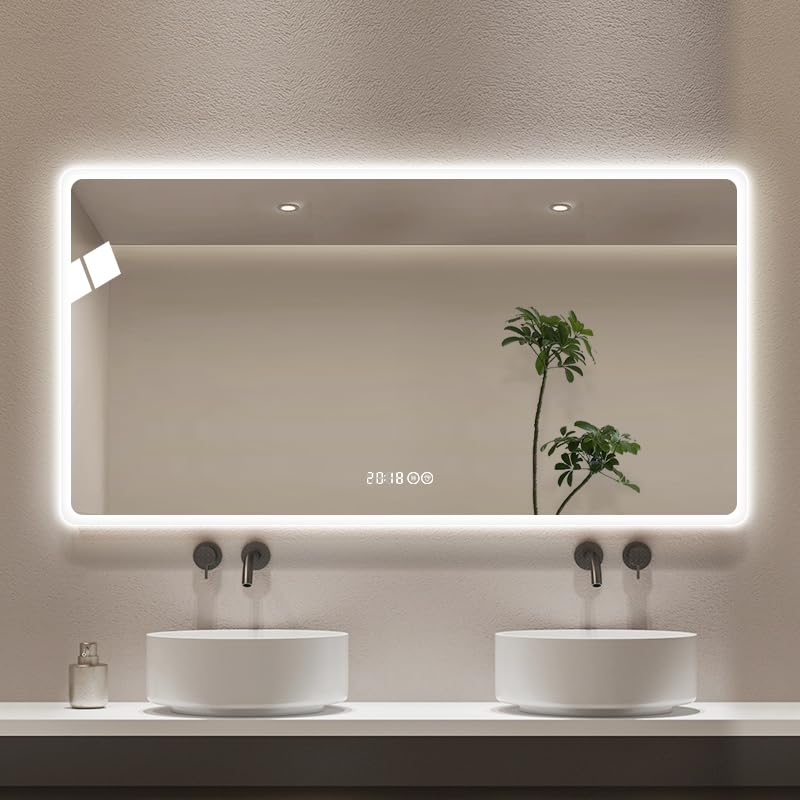 Store Six LED Specchio 150x80 cm, specchio da bagno con illuminazione frontale e posteriore, dimmabile touch, 3 colori, anti-appannamento, bordo gelido