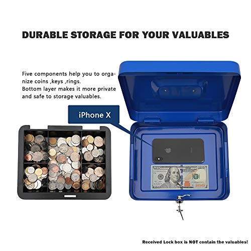 Image of KYODOLED Large Lock Box with Money Tray,Storage Cash Box with Lock,Safe Metal Box for Money,9.84 inchx 7.87 inchx 3.54 inch Blue Large