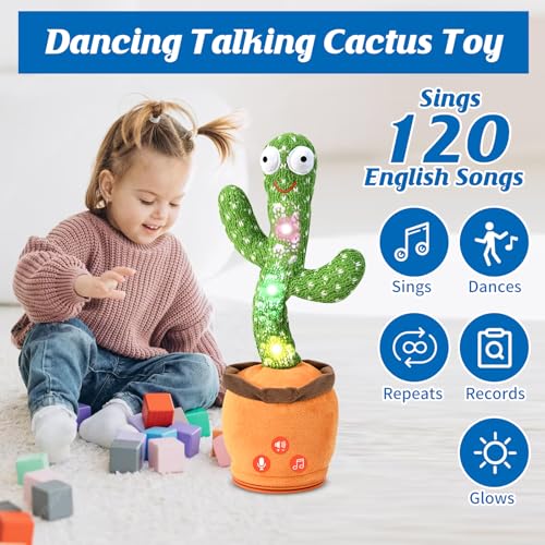 Image of Adjustable Volume Rechargeable Talking Cactus Toy, Baby Toys for 1 2 3 Year Old Toddler Boys Girls Gifts for 18 Months+ Old Boy Girl Baby Toy Singing Mimicking Recording Repeating 120 English Songs