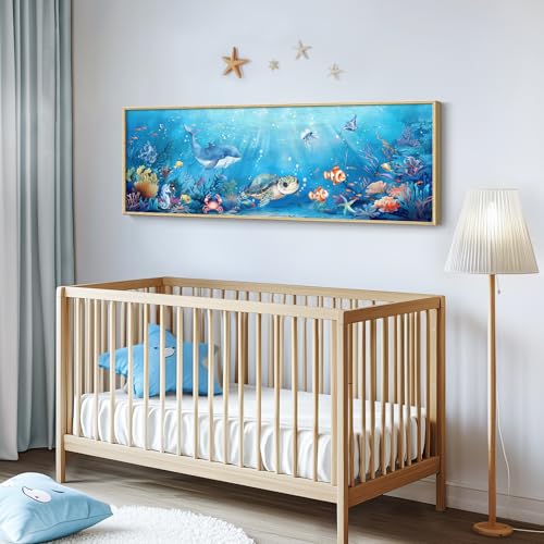 Large Framed Nursery Canvas Wall Art, Ocean Themed Nautical Prints Coastal Paintings Decor for Walls, Turtle Whale Coral Tropical Fish Pictures for Kids Boys Baby Girls Room Bathroom Wall Decor - Image 6