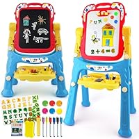 STEAM Life Large Art Easel for Kids, Double-Sided 4In1 Toddler Easel with Rotable Magnetic Chalkboard & White Drawing Board, Height Adjustable with Magnetic Letters & Numbers Gifts for Boys and Girls