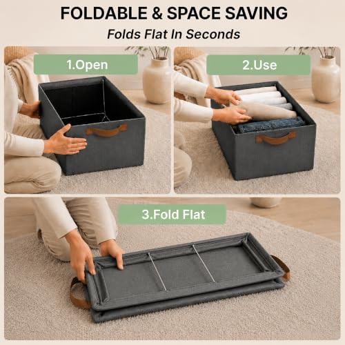 Image of DALUCI 3 Pcs Wardrobe Organizer for Clothes - Foldable Fabric Storage Box with Metal Frame | Storage Basket for Almirah, Cupboard, Jeans & Sweaters (Grey)