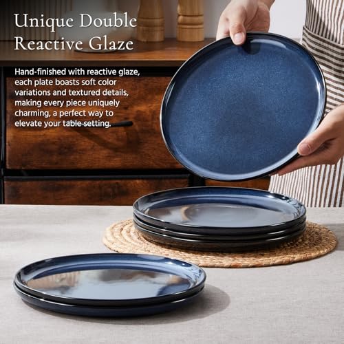 Image of E-far 10.5 inch Ceramic Dinner Plates Set of 6, Large Reactive Glaze Stoneware Dishes, Round Salad Plate for Home Kitchen Restaurant, Microwave & Dishwasher Safe - Deep Sea Blue