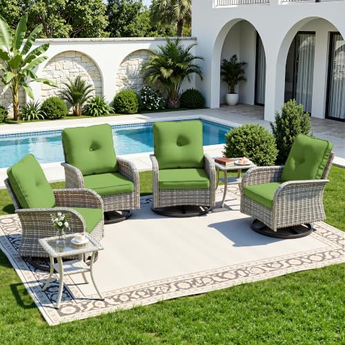 Image of 6-Piece Small Patio Furniture Set, Outdoor Swivel Rocking Chairs Set with Wicker Chairs and Tempered Glass Side Table, Outdoor Furniture Patio Bistro Set for Balcony, Deck, Porch