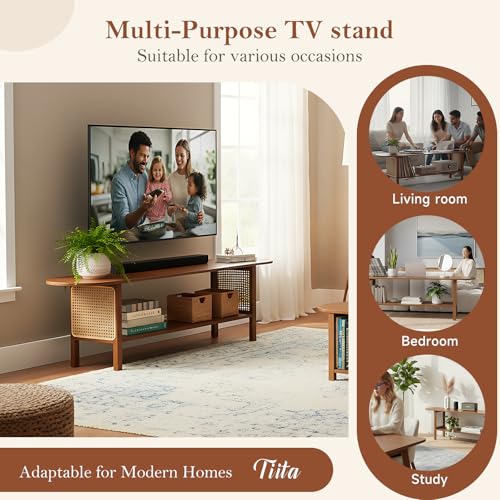 Image of Tiita Walnut Rattan TV Stand for 65-Inch TVs, 2 Open Shelves, Media Console