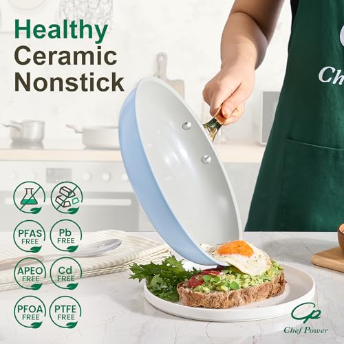 Chef Power Ceramic Cookware Sets, 15Pcs Pots and Pans Set Non Stick, Cookware Set with Stainless Steel Handle, Dishwasher & Oven Safe, Light Blue and Granite Grey - image 3