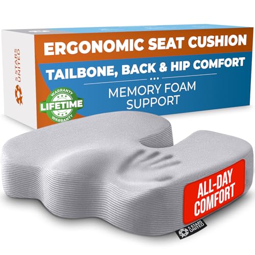 Image of 5 STARS UNITED Seat Cushion - Memory Foam Chair Cushion for Tailbone Pain Relief - Ergonomic Support for Coccyx, Sciatica & Butt - Office, Desk & Gaming Chair, Car Seat, Wheelchair, Airplane, L Gray