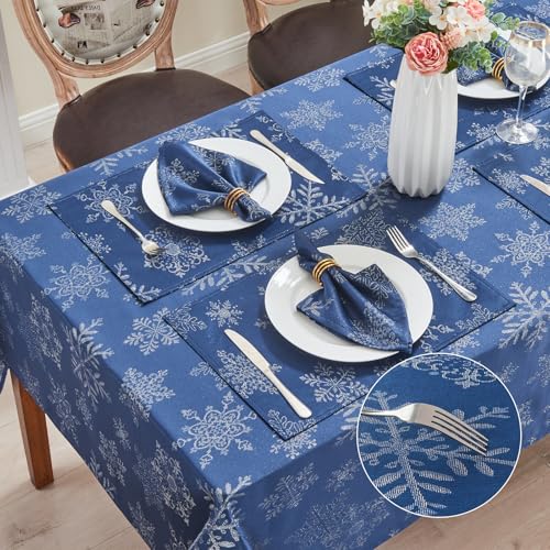 Rectangle Fancy Metallic Sparkling Snowflake Christmas Fabric Table Cloth red Hunter Gold Navy White Silver No-Iron Soil Resistant Woven Holiday Table Cover(Navy Silver/52x70Inch) – Image 6