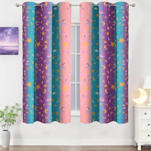 Image of Pink Purple Teal Unicorn Blackout Curtains 63 Inch Length for Kids Bedroom | Estelar Textiler Rainbow Printed Room Darkening Grommet Drapes,Star Moon Curtains for Girls Room Nursery,38Wx63L,2 Panels