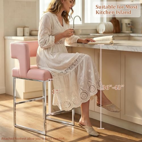 Image of Counter Height Bar Stools Set of 4, Pink Leather Chair Silver Legs | 26 inch Seat Height Fits Standard Kitchen Islands, Upholstered Barstools, Back Support, Square Metal Legs, Footrest