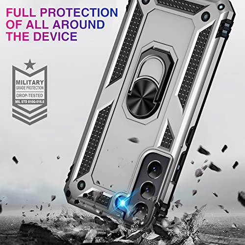 Image of Vaki for Samsung Galaxy S22 5G Case with Built in Screen Protector Military Grade Hard Rugged Cover Heavy Duty Armor Galaxy S22 Phone Cases with Metal Ring Kickstand Shockproof Sliver
