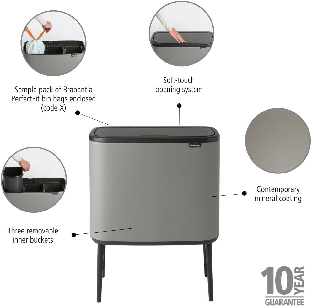Brabantia Bo Touch Bin - 3 x 11L Inner Buckets (Mineral Concrete Grey) Waste/Recycling Kitchen Bin - Soft-touch