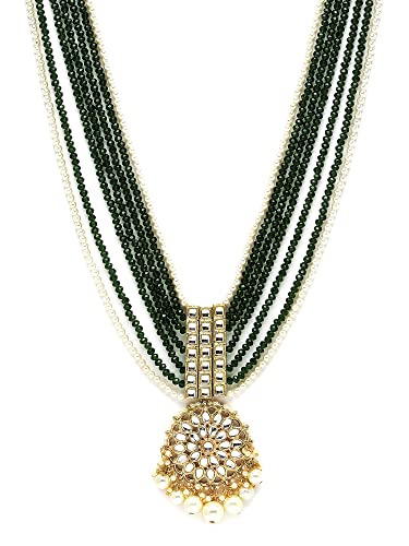 Image of Karatcart Gold Plated Green Crystal and Pearl Studded Kundan Rani-Haar Necklace Set for Women