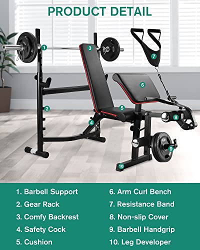 Olympic Weight Bench Adjustable Weight-Lifting Bed Exercise Bench Workout Bench with Squat Rack Leg Extension Preacher Curl Bench for Full Body Workout in Home Gym