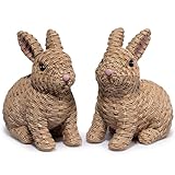Hodao Set of 2 Woven Easter Bunny Figurines - 4.8" Tall White Rabbit Resin Sculptures with Handcrafted Wicker-Style Design for Easter and Spring Home Décor (Brown Set 2)
