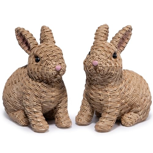 Hodao Set of 2 Woven Easter Bunny Figurines - 4.8 Tall White Rabbit Resin Sculptures with Handcrafted Wicker-Style Design for Easter and Spring Home Dcor (Brown Set 2)