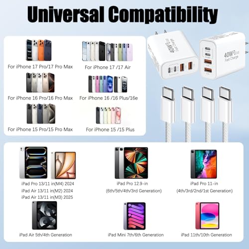 Image of iPhone 17 Charger Fast Charging,4-Port USB C Charger Block 2Pack 40W Apple Charger with 10FT USB C to C Woven Braid Cable Cord for Apple iPhone 17e /17 Pro Max /17 Pro /17 /Air /16e /16 Pro Max /16Plus /15