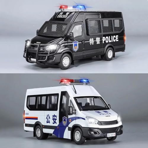 Image of Vaico 1:24 Police Van Car Diecast Model | Metal Pull Back Toy Car for Kids with Openable Doors, Lights & Music | Police Vehicle Toy for Boys Girls Collectors (White)