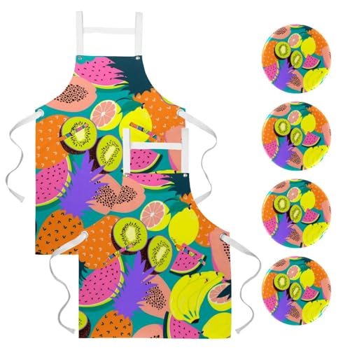 Lot de 2 tabliers de cuisine avec 4 broches motif fruits tropicaux