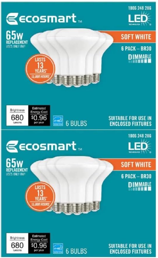 EcoSmart - Bombilla LED Energy Star de 65 vatios equivalente a BR30 regulable, color blanco suave (paquete de 12)