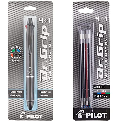PILOT Dr. Grip 4+1 Multi-Function Ballpoint Pen + Pencil, Fine Point, Black Barrel, Black/Red/Blue/Green Inks & Dr. Grip 4+1 Multi-Function Ballpoint, Black/Red/Blue/Green Inks,4 Count (Pack of 1)