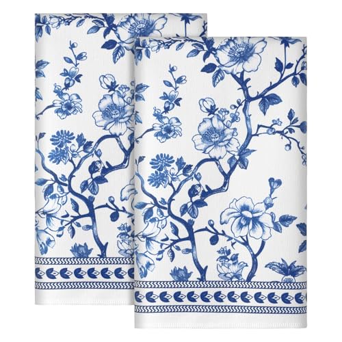 HunnmingRe 2 Pcs Blue and White Kitchen Towels Vintage Toile Chinoiserie Floral Kitchen Towels Cottage Decor 18 x 28 Inch Toile De Jouy Dish Microfiber Hand Drying for Bathroom French Country Decor