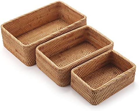 Rectangular Rattan Storage Baskets Stackable Woven Wicker Box Key Holder for Kitchen Cupboards Shelf Natural Set of 3