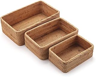 Rectangular Rattan Storage Baskets Stackable Woven Wicker Box Key Holder for Kitchen Cupboards Shelf Natural Set of 3
