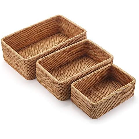 Rectangular Rattan Storage Baskets Stackable Woven Wicker Box Key Holder for Kitchen Cupboards Shelf Natural Set of 3 Cover