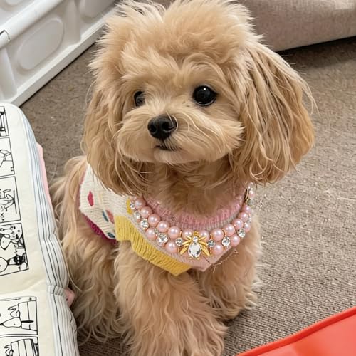 Image of HOWWFALY Dog Cat Pearl Collars with Spider Crystal Rhinestone PU Leather Collars Necklace Adjustable Collar Dog Chain Cat White Pearl Pet Collar for Small Medium Pets