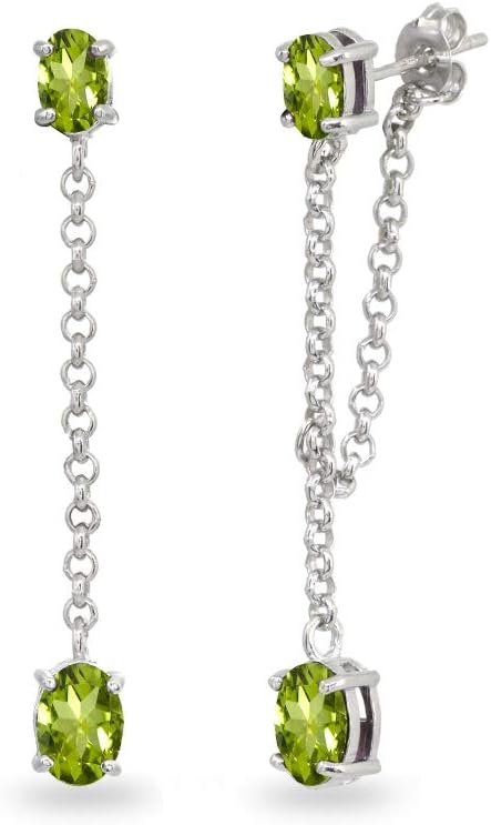 Sterling Silver Genuine or Synthetic Gemstone Oval Two Stone Bezel-Set Chain Drop Dangle Earrings for Women