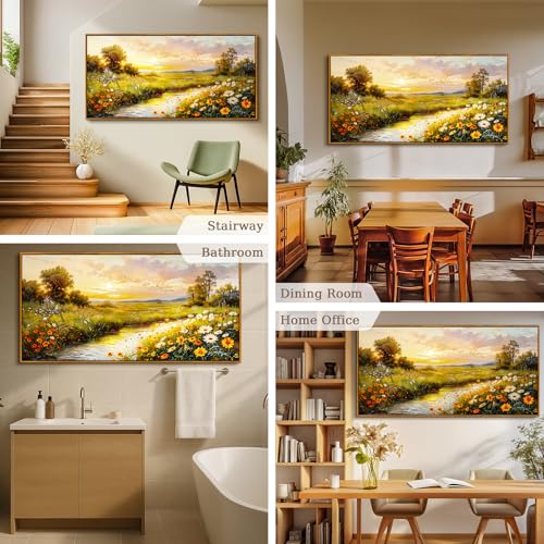 crmotu Framed Wall Art, Canvas Wall Art Landscape, Sunset Wall Decor, Daisy Flower Oversized Art Prints, Rustic Pastoral Pictures Wall Decor Living Room Bedroom Dining Room Cottage Farmhouse 30x60inch