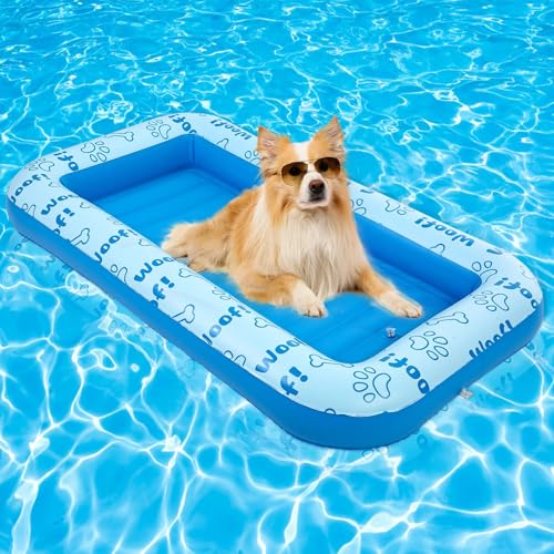 BINGPET Inflatable Dog Floating Raft for Summer Pool, Durable and Foldable Pet Pool Rafts & Inflatable Ride-ons, with Cute Footprint and Bone Patterns, Hold Up to 100 pounds (Blue)
