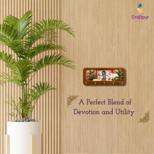 Image of Stylish Wooden Key Holder for Wall | Cute Key Holder for Home Decor | Key Holder Stand with 5 Hooks | Wall Mounted Key Hanger| (Krishna Ji Cow)