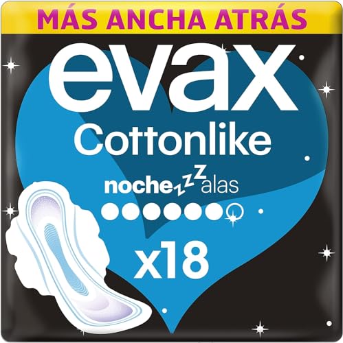 Evax Cottonlike Noche Compresas Con Alas, Pack de 18, Parte Trasera Más Ancha, Absorben Flujo Repentino, Eliminan Malos Olores, Capa Superior Extrasuave, 100% Limpia y 0% Olor
